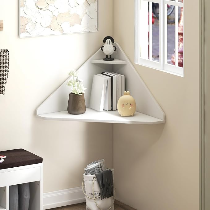 Giantex Corner Floating Desk, Wall Mounted Computer Desk with Storage Shelf, Space-Saving Writing Desk, Triangle Laptop Desk for Living Room, Study, Bedroom, Home Office & Small Spaces (White) - Image 8