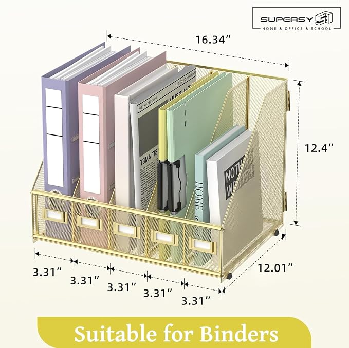 SUPEASY Desk Organizers Metal Desk Magazine File Holder with 5 Vertical Compartments Rack File Organizer for Office Desktop, Home Workspace, Gold Plus - Image 3