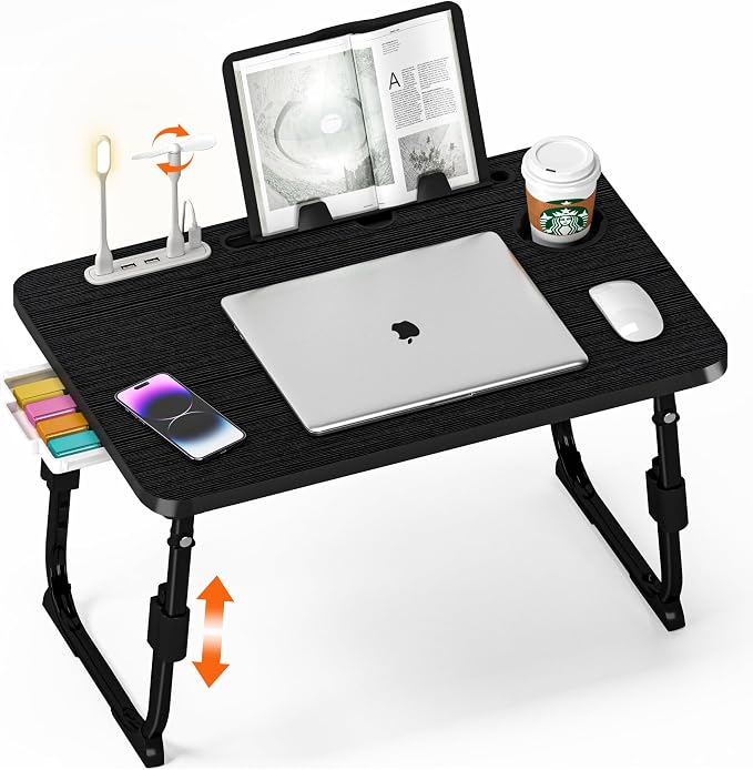 Lap Desk for Bed, Adjustable Laptop Desk with USB Charging Port, Storage Drawer & Bookshelf — Foldable Bed Desk for WFH & Students, 23.6" Desktop Fits 17" Laptop, Non-Slip, Black by PlayimaginationtodecorateHomeOffice