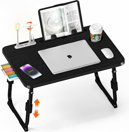 Lap Desk for Bed, Adjustable Laptop Desk with USB Charging Port, Storage Drawer & Bookshelf — Foldable Bed Desk for WFH & Students, 23.6" Desktop Fits 17" Laptop, Non-Slip, Black by PlayimaginationtodecorateHomeOffice