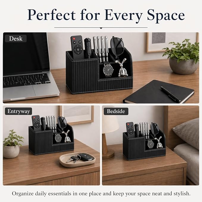 KINGFOM Desk Pen Organizer Office Supplies Caddy Pu Leather Multi-function Storage Box Pen/Pencil,Cell phone, Business Name Cards Remote Control Holder (Black) - Image 9