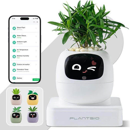 Smart Plant Pot with Visual Display – Soil Moisture, Water Level, Light & Battery Monitor, 80ml Self-Watering Reservoir, Supports 50+ Plants, Pomodoro Timer, Clock & Calendar (White) by PlantsIO