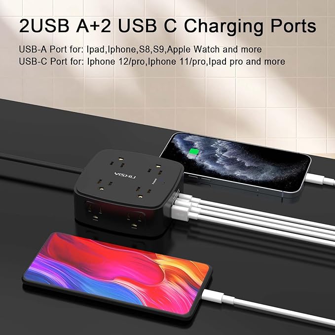 5Ft Surge Protector Power Strip - 8 Widely Outlets with 4 USB Ports, 3 Side Outlet Extender with 5 Feet Extension Cord, Flat Plug, Wall Mount, Desk USB Charging Station, ETL,Black - Image 3