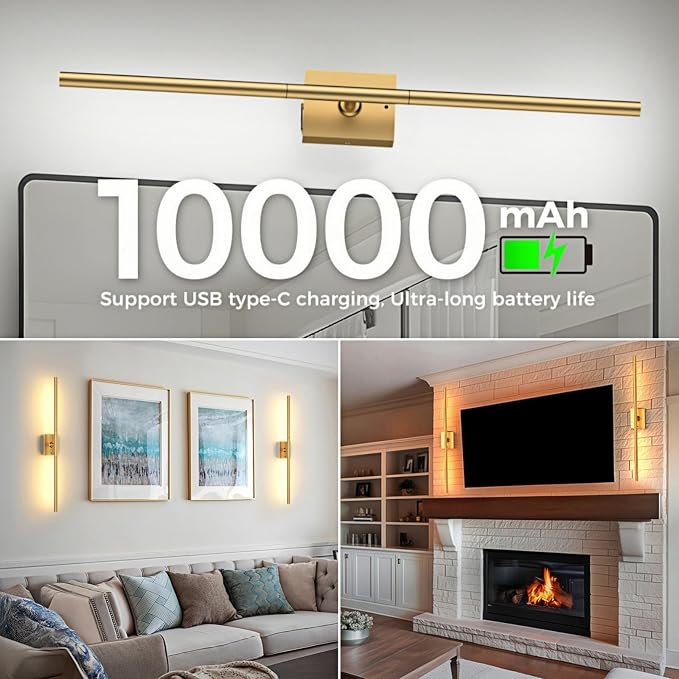 Battery Operated Wall Sconces Set of Two: Dimmable Wireless Wall Lights with Remote, 31-inch LED Rechargeable Sconces, 360° Lighting Wall Scone Decor for TV, Mirror, Bedroom, Living Room(Gold) - Image 6