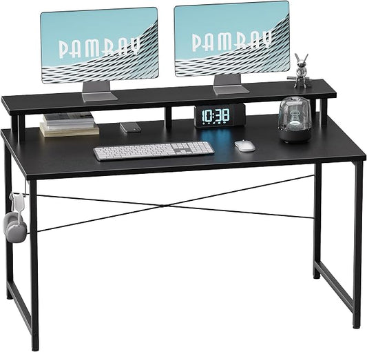 Pamray 47 Inch Small Computer Desk with Monitor Stand, Simple Office Desk with Headphone Hook for Small Spaces, Kids Study Writing Table for Bedroom, Black by PAMRAY