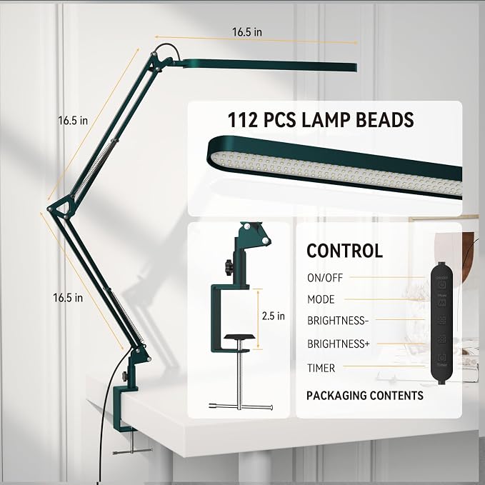 SKYLEO Desk Lamp - LED Desk Light - 5 Color Modes X 11 Brightness Levels - Adjustable Swing Arm - Timmer & Memory Function - 12W Lamp for Desk - Green - Image 3
