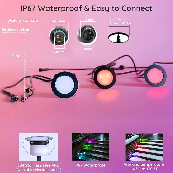 Sumaote Recessed Smart Deck Lights Kit, 10 Pack Ø 1.77" RGBW+IC Multicolor Dynamic Low Voltage Landscape Lights IP67 Waterproof Outdoor for Garden Yard Path Ground Stairs - Image 3