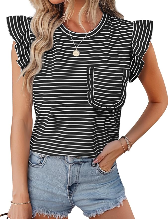 JUSTFASHIONNOW Womens Summer Tops Striped T-Shirts 2026 Ruffle Short Sleeve Crew Neck Casual Blouses with Pocket - Image 2