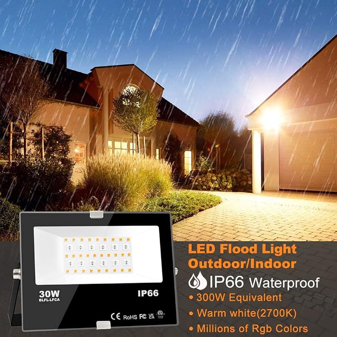 LED Flood Light Outdoor 30W, 300W Equivalent 3000LM Smart RGB Landscape Lighting with APP Control, DIY Scenes -Timing - Warm White 2700K -Color Changing Uplight, IP66, US Plug, No Remote MELPO(4 Pack) - Image 2