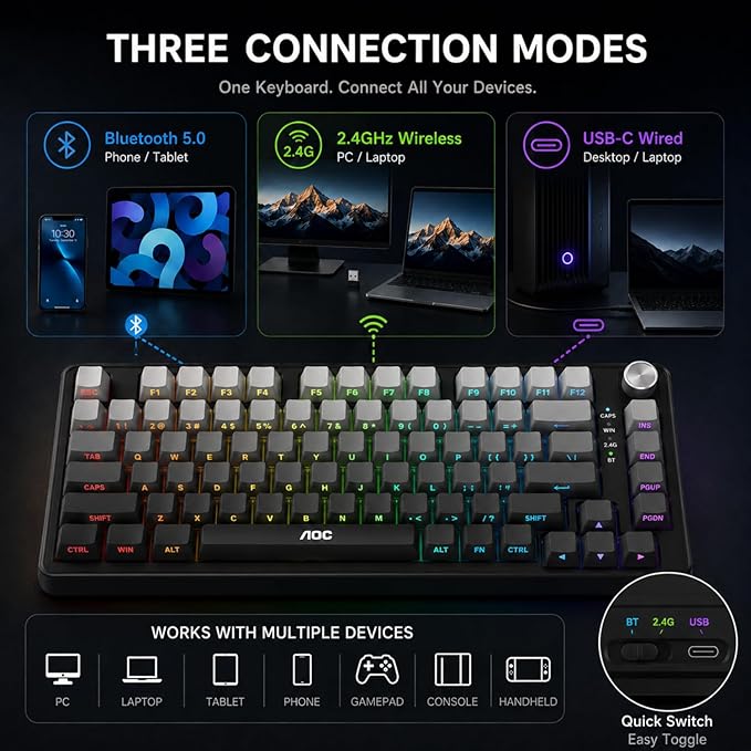 AOC GK330 75% Wireless Mechanical Gaming Keyboard, Hot-Swappable 3-Mode RGB | BT/2.4GHz/USB-C Connectivity, Pre-Lubed Reaper Switches, Anti-Ghosting, Gasket Mount and 5-Layer Sound-Dampening Padding - Image 2