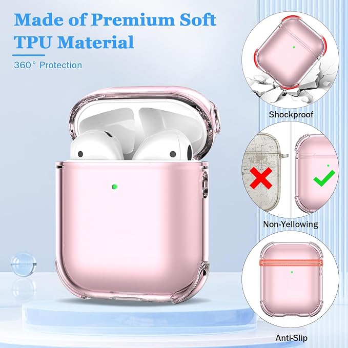 for Airpods 2nd Generation Case Cover, Clear Soft TPU Transparent Four Corner Military Grade Shockproof Protective Case with Cleaning Kit for Airpods 2 Gen Charging case 2019, Clear Pink - Image 2