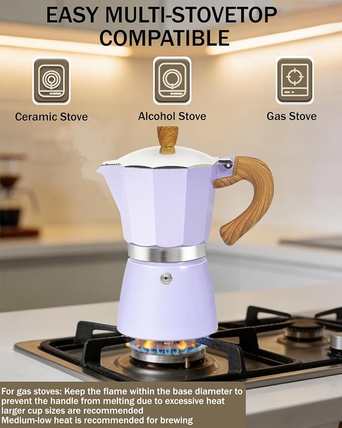 Coffee Maker Stovetop Espresso Maker 6 Cup Aluminum Moka Pot Percolator 10oz 300ml Easy Brewing for Electric Ceramic Stoves Home Camping Italian Cuban Café Classic Purple - Image 5