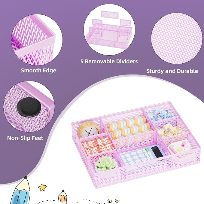 Marbrasse 2 Pack Desk Drawer Organizer, Mesh Drawer Organizer Tray with 8 Adjustable Compartments, Desk Organizers and Accessories, 5 Dividers Drawer for Office Supplies, Makeup & Vanity (Purple) - Image 6