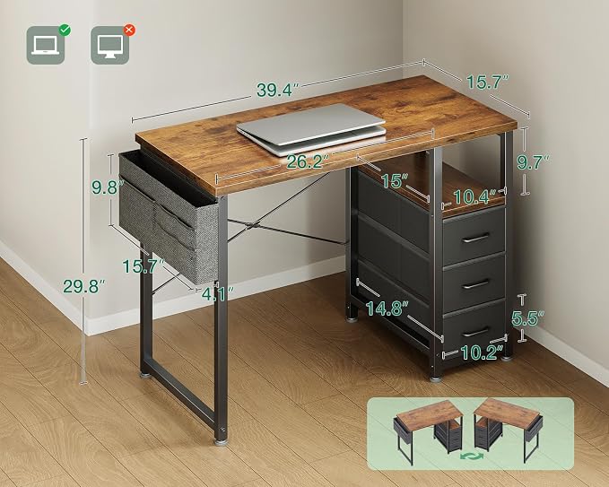 AODK 40 Inch Small Computer Desk with Fabric Drawers, Vintage | Mini Desk with Storage Shelf & Bag, Kids Study Desk for Bedroom, Home Office Desk for Small Space - Image 3