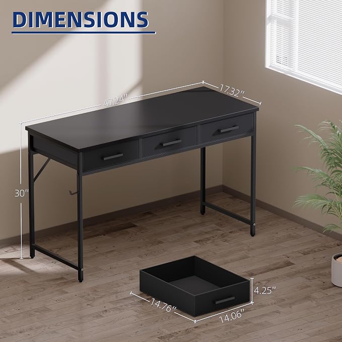Pamray 47 Inch Small Computer Desk with 3 Drawers for Bedroom Study Writing Home Office Table for Small Spaces Pink - Image 3