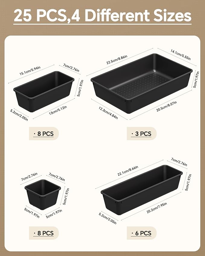 KEMETHY 25 PCS Plastic Drawer Organizers Set, 4 Sizes Vanity Organizer | Makeup and Desk Drawer Organizer Trays, Organization and Storage for Makeup, Bathroom, Kitchen Utensils and Office (Black) - Image 2