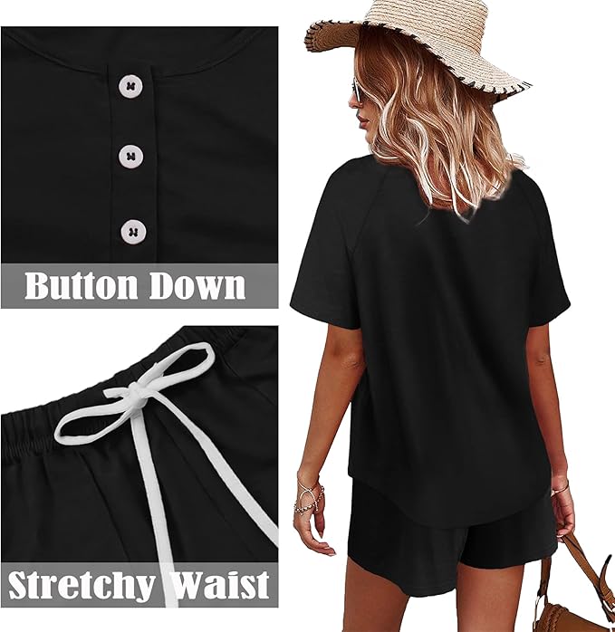 WIHOLL Two Piece Outfits for Women Lounge Sets Button Down Top and Shorts Set Sweatsuits with Pockets - Image 4