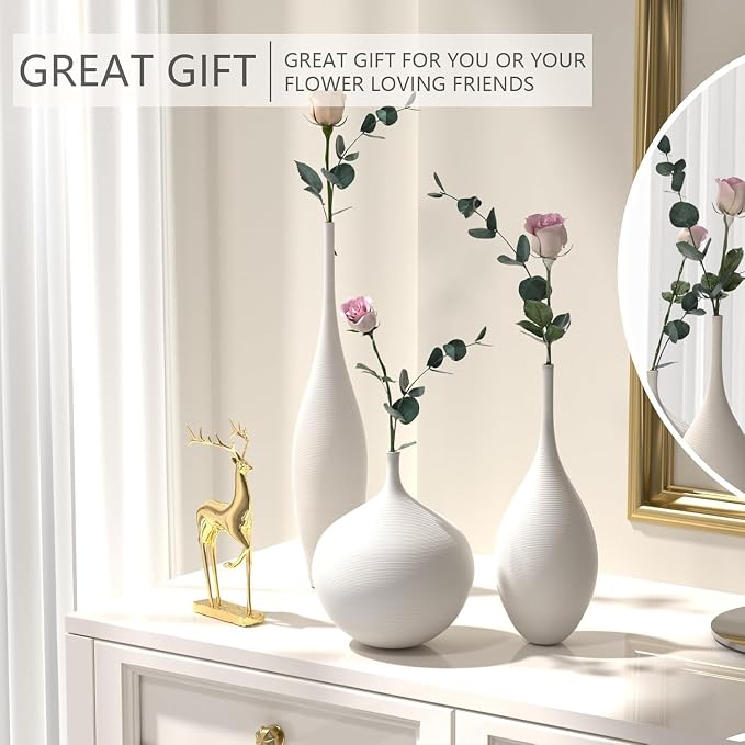 Relexome White Ceramic Vase Modern Boho Wabi-Sabi Flower Vase Set of 3 Decorative Aesthetic Vases for Centerpieces Pampas Matte Minimalist Vases for Living Room Table Shelf Home Decor Gift - Image 7