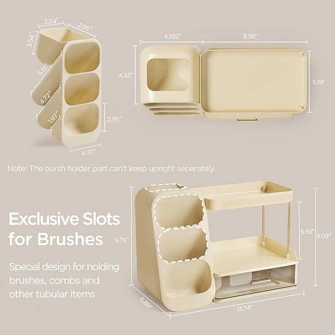 HBlife Bathroom Organizers and Storage with Brush Holder for Vanity, 3 Tier Plastic Makeup Organizer for Dresser Counter, Skincare, Lipstick, Perfume, and Cosmetic Storage, Beige - Image 3