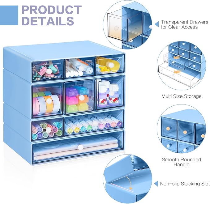 Desk Storage Organizer with 9 Drawers, 4 Tiers Stackable Desktop Craft Storage Drawers, Clear Storage Box Caddy for Stationary Makeup Jewelry Office Craft Supplies (Blue) - Image 4