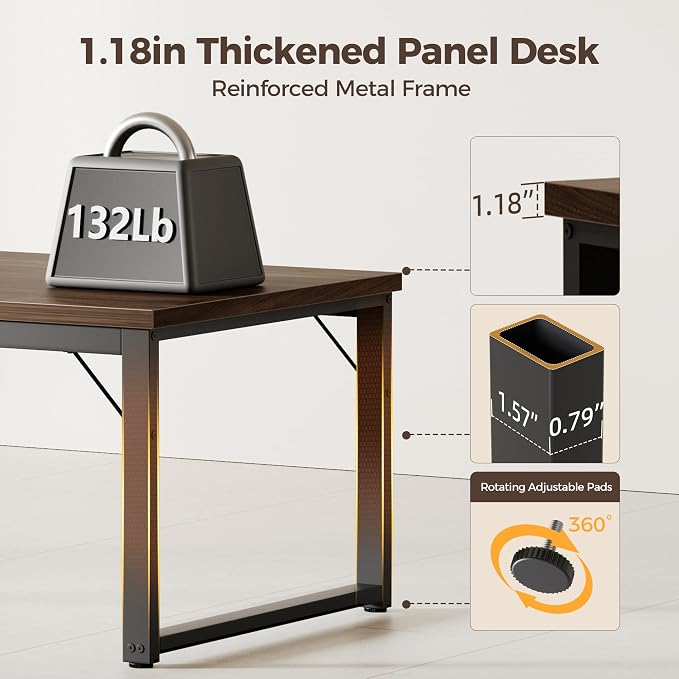 Mericonia 54 Inch Computer Desk with Power Outlets, 1.2" Thick Office Table | Modern Simple Style, Heavy Duty Industrial Frame, Study & Writing Table for Home Bedroom Work, Walnut - Image 4