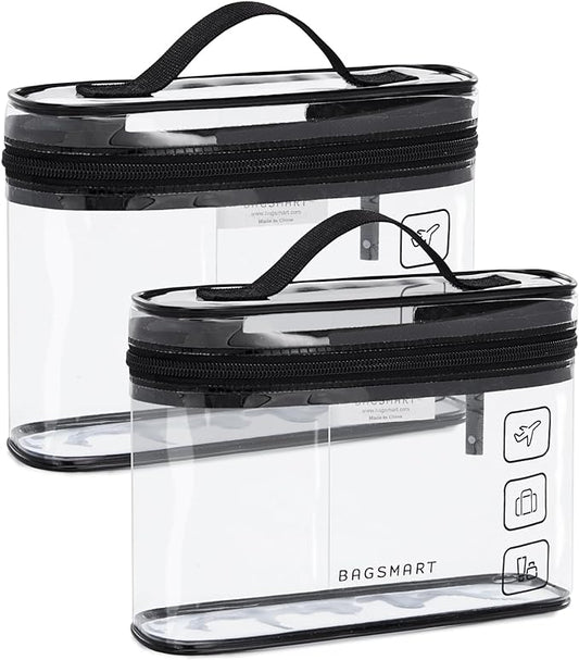 BAGSMART TSA Approved Toiletry Bag, 2 Pack Clear Makeup Cosmetic Bag Organizer, Quart Size Travel Bag for Toiletries, Carry-on Travel Accessories Essentials, Black-2pcs by BAGSMART