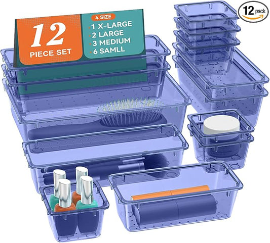 12 PCS Drawer Organizer Set, Makeup Organizer, Tool Storage Tray, Navy Blue | 4 Sizes, Plastic, Stackable, Multiple Gadgets, Desk Drawer Divider Organizers, for Makeup, Office Supplies Storage by Unknown