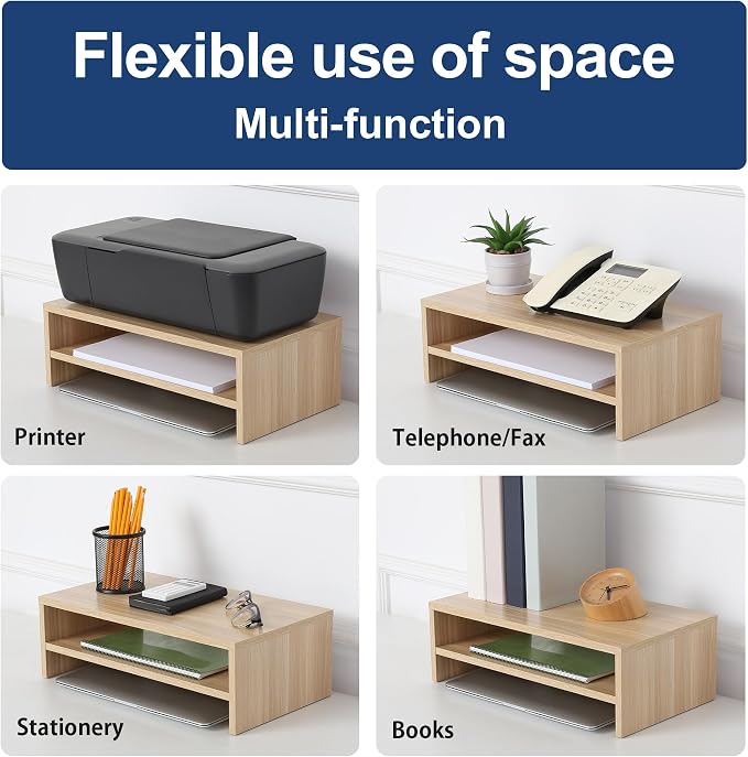 FITUEYES Monitor Stand - 2 Tier Computer Monitor Riser Shelf, Wood Desktop Stand for Laptop Computer Screen, Desk Organization, Office Supplies - Image 3