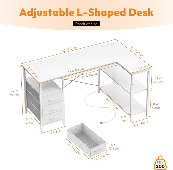 Alpen L Shaped Gaming Desk with Power Outlets, 47 Inch Computer Desk with 3 Drawers and Shelves, Corner Desk for Gaming, Study Writing PC Table with Storage and Reversible Shelf, White - Image 3