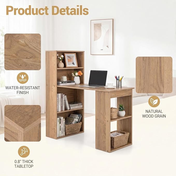 Tangkula Computer Desk with Bookshelf, Writing Study Desk with Storage Shelves & CPU Stand, Modern Compact Computer Workstation for Home & Office, Space-Saving Design(Natural) | Natural Wood Desk w/Storage Shelves & CPU Stand, Space-Saving Design Writi... - Image 3