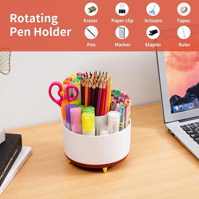 Marbrasse Desk Organizer, 360-Degree Rotating Pen Holder, Desk Organizers and Accessories with 5 Compartments Pencil Holder, Art Supply Storage Box Caddy for Office, Home (White+Red) - Image 3