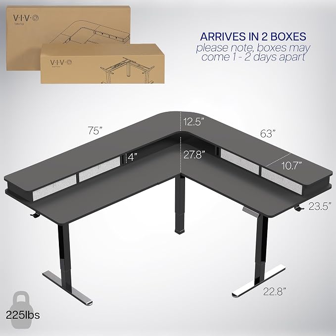 VIVO Black 75 x 63 in Corner Standing Desk, DESK-E3CVB-75 | Electric, 2-Tier, L-Shaped, Sit Stand, Height Adjustable, Memory, Black Top, Black Frame, Light Gray Drawers - Image 6