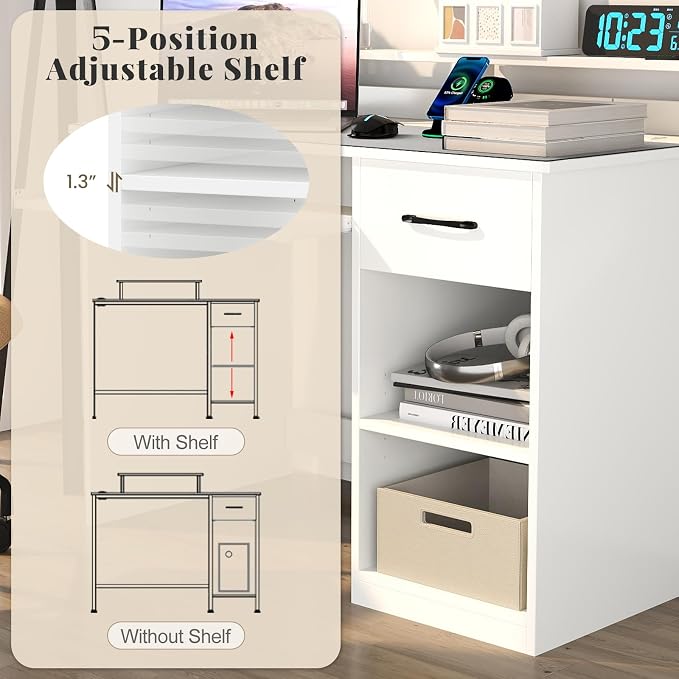 Giantex White Desk with Drawers, Modern Home Office Desk with Keyboard Tray, Monitor Stand & Adjustable Shelf, PC Laptop Table Computer Workstation, Study Writing Desk for Small Spaces, Bedroom - Image 5