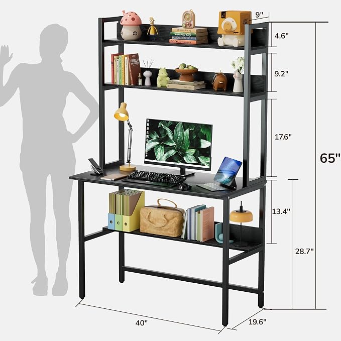 Aquzee Computer Desk with Hutch, 40“W x 19.6" D Desk with Shelves, Tall Home Office Desk with Bookshelf, Metal Legs Study Table with Upper Storage Shelf for Study Writing/Workstation, Black - Image 3
