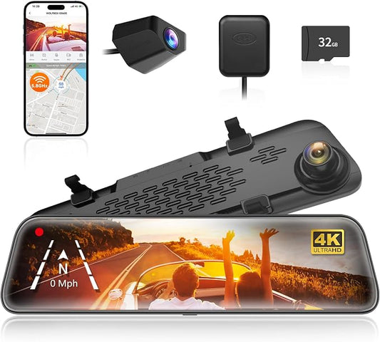 WOLFBOX G840S 12" 4K Mirror Dash Cam Backup Camera, 5.8GHz WiFi Smart Rearview Mirror for Cars & Trucks, Front and Rear View Dual Cameras, Night Vision, Parking Assistance, Included 32GB Card & GPS by WOLFBOX