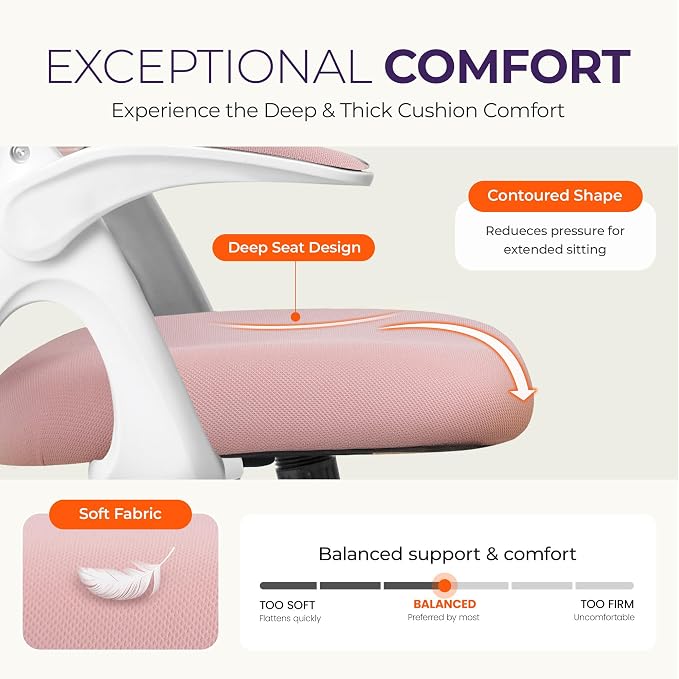 NEO CHAIR Office Desk Gaming Ergonomic Computer Chair with Lumbar Back Support Adjustable Height Swivel Rolling Wheels Flip-up Arms Mesh Chair for Home Vanity (Pink) | Lumbar Support, Height Adjustment, 360° Swivel and Rolling Base, Space-Saving Design... - Image 4