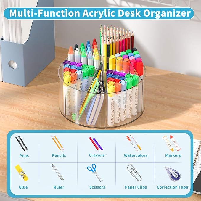 360 Degree Acrylic Desk Organizer Clear Pen Holder for Desk Kids 2 Packs | Pencil Holder Rotating Lazy Susan Organizer for School Supplies, Marker Holder Art Supply Storage Organizer with 6 Dividers - Image 3