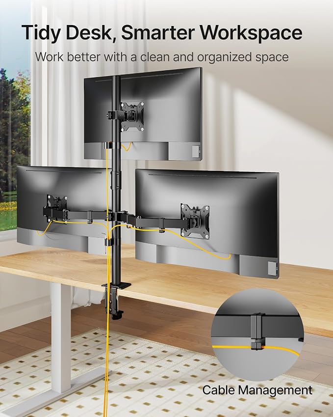 monTEK Triple Monitor Stand for 17-32" Screens, 22 lbs Each | Three-screen desk mount, height adjustment, tilt, swivel, rotation, clamp/grommet bases and VESA 75/100 - Image 7
