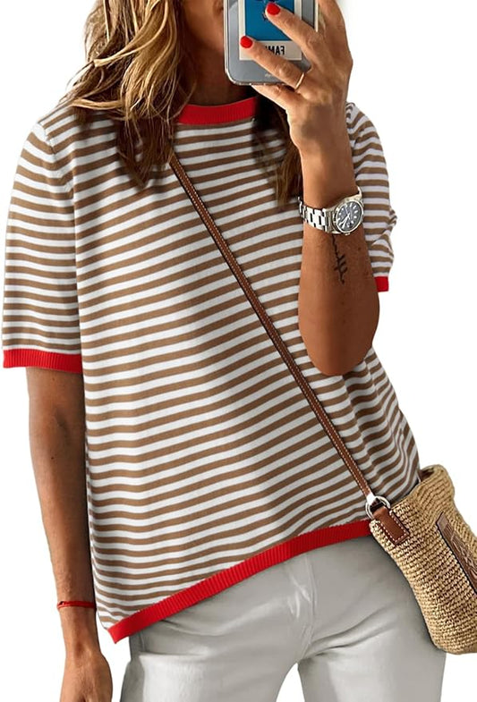 Dokotoo Womens Tops 2026 Casual Summer Crewneck Short Sleeve Striped Color Block Knit High Low Trendy Pullover Sweaters by Dokotoo