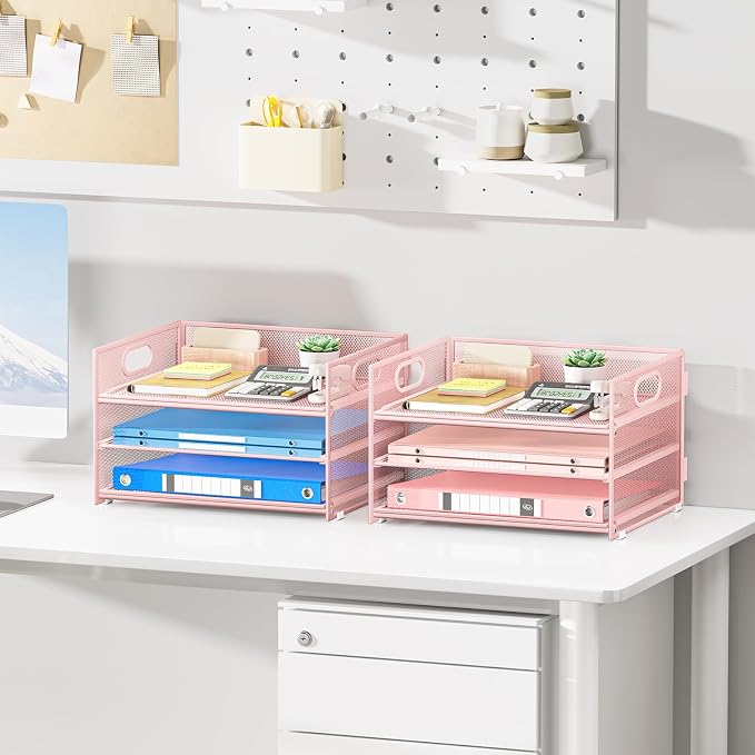 Subekyu 2-Pack 3-Tier Pink Metal Mesh Desk Paper Letter Tray & File Sorter Organizer with Handle + 1 Sliding Tray for Desk, Home, Office, School Supplies, A4 Paper and Accessories Storage - Image 3
