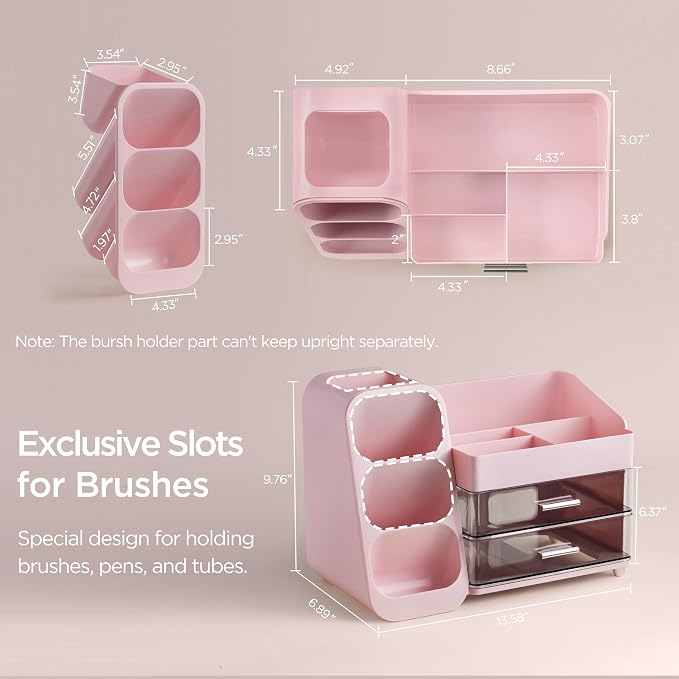 HBlife Makeup Organizer with Brush Holder for Vanity, Large Plastic Bathroom Countertop Organizer Skin Care Storage, Easy to Store Lipsticks, Nail Polishes, Perfumes, Eyeshadow Palettes, Pink - Image 3