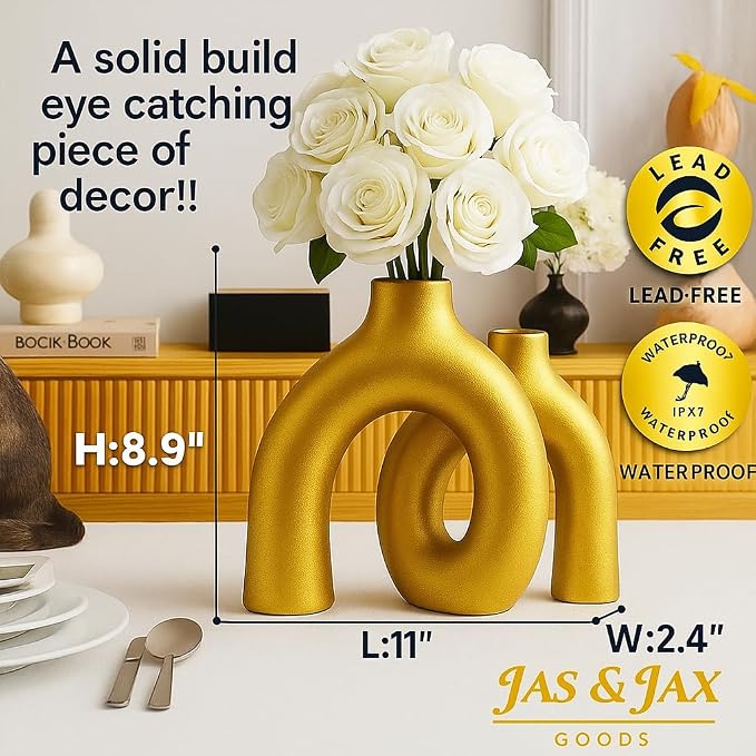 Gold Ceramic Vase Set - Modern Hug Donut Ceramic Vases by JAS & JAX GOODS, Minimalistic Nordic Home Decor Centerpiece for Console Tables, Living Room, Bookshelf, or Fireplace Mantel - Image 3