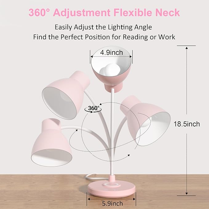LED Desk Lamp for Home Office with Wireless Charger, Pink | 3 Color Modes Dimmable Eye-Caring Study Reading Dorm Desk Lamp, 360° Flexible Arm Table Lamp for College Dorm Room, 800 Lumen - Image 4