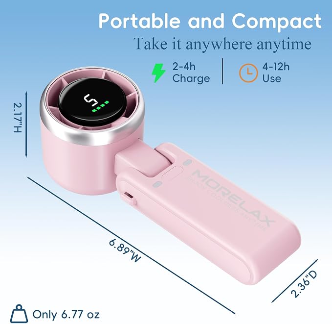Morelax Personal Handheld Fan,High-Speed Turbo Fans,5-Speed with LED Display,Powerful Motor,4000mAh,USB Rechargeable Portable Cooling Fan for Outdoor Activities,Travel,Working,Pink - Image 9