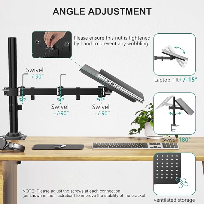 WALI Laptop Desk Mount for 17 inch Notebook, Adjustable Single Monitor Arm with Laptop Holder for 32 inch Screen, Laptops Stand with Ventilated Tray, Up to 22 lbs, (M00LP), Black - Image 3