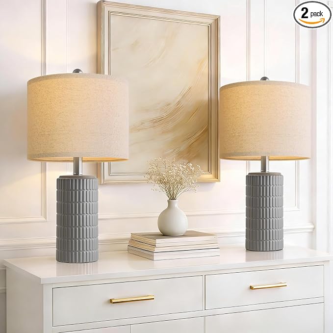 PoKat 20.75'' Ceramic Small Table Lamps for Bedroom, Modern Dark Gray Bedside Lamps Set of 2, Farmhouse Lamps for Living Room with Linen Lampshade for Night Stands Guest Room Side End Table Console by Pokat