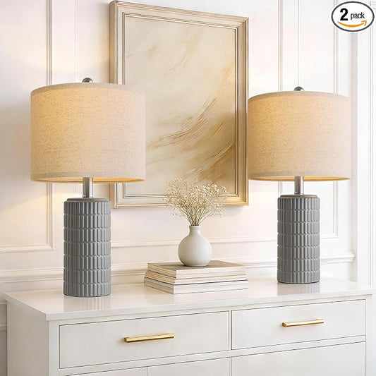 PoKat 20.75'' Ceramic Small Table Lamps for Bedroom, Modern Dark Gray Bedside Lamps Set of 2, Farmhouse Lamps for Living Room with Linen Lampshade for Night Stands Guest Room Side End Table Console by Pokat