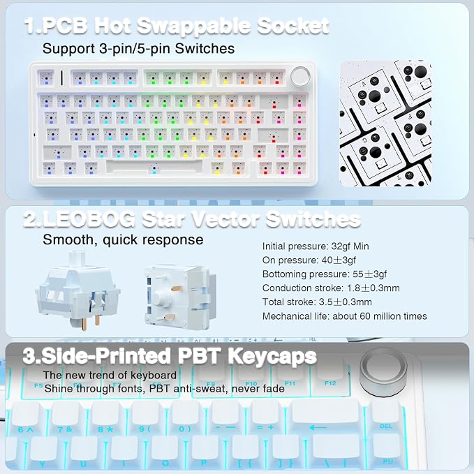 AULA F75 Pro Wireless Mechanical Keyboard,75% Hot Swappable Custom Keyboard,RGB Backlit,Pre-lubed Linear Switches,Side Printed PBT Keycaps Mechanical Gaming Keyboards,Gradient Blue - Image 5
