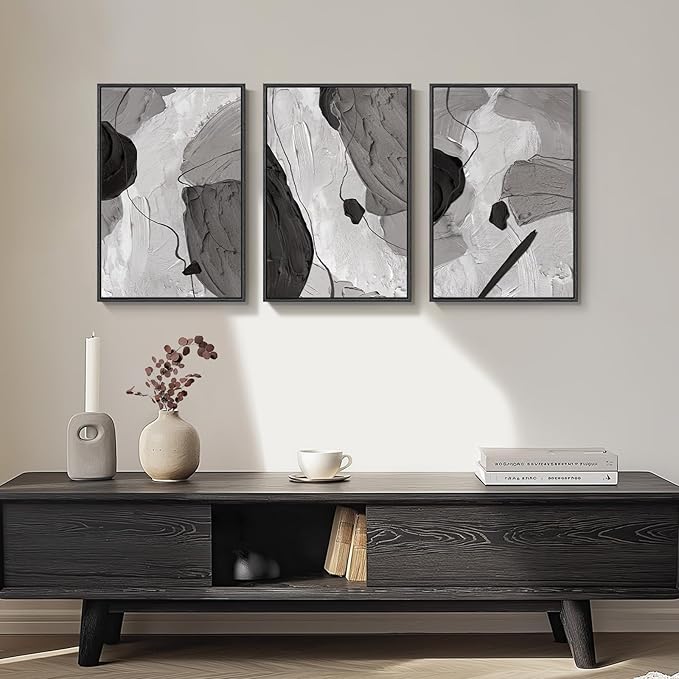 Framed Black and White Modern Abstract Wall Art, 3 Piece Canvas Prints Paintings Artwork for Walls, Minimalist Black White Grey Pictures for Living Room Dining Room Bedroom Office Wall Decor 16x24 In - Image 4