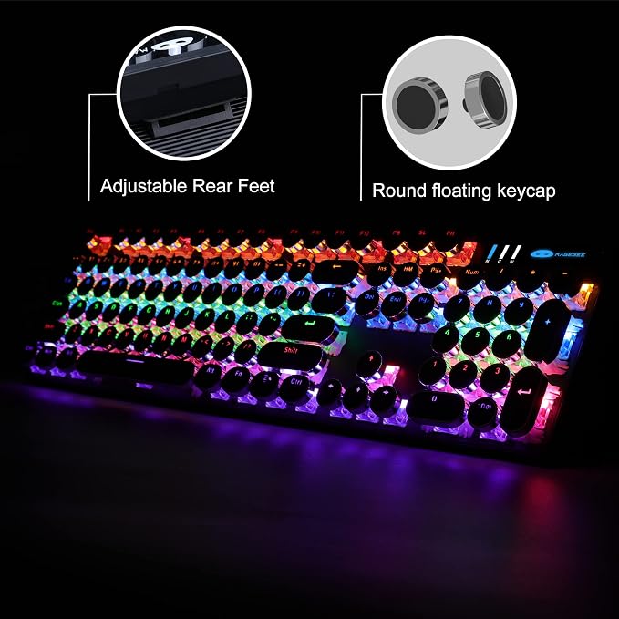 Camiysn Typewriter Style Mechanical Gaming Keyboard, Black Retro Punk Gaming Keyboard with RGB Backlit, 104 Keys Blue Switch Wired Cute Keyboards, Round Keycaps for Windows/Mac/PC - Image 6